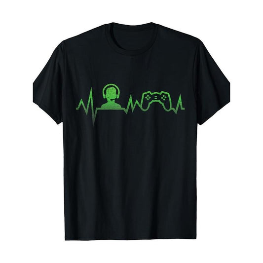 Men's Gamer Graphic Tee,Video Game Controller & Heartbeat Design, Cotton Casual T-Shirt for Summer Outings Made in USA