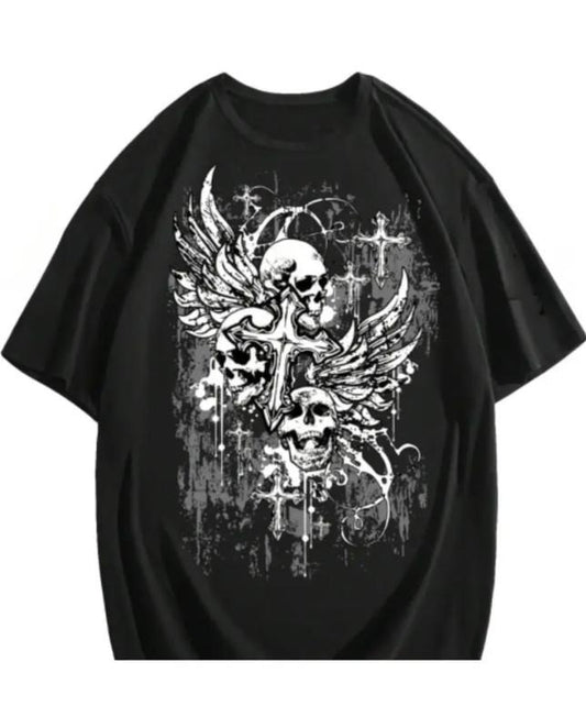 Men's Gothic Graphic Tees Skull Print Drop Shoulder Short Sleeve Y2K Streetwear Tshirt Top