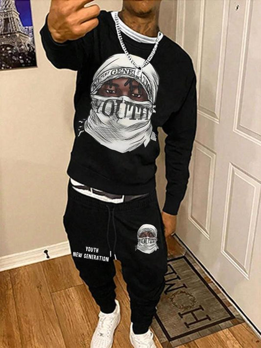 Men's Graphic Sweatshirt & Pants Two-piece Set, Regular Fit Fashion Casual Crew Neck Long Sleeve Pullover & Jogger Pants for Daily Wear, Men's Two-piece Outfits for Fall & Winter
