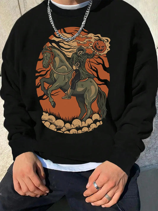 Men's Halloween Cartoon Horse & Pumpkin Print Drop Shoulder Thermal Lined Sweatshirt, Casual Regular Fit Long Sleeve Round Neck Pullover for Daily Wear, Men's Top for All Seasons