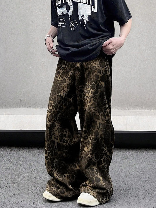 Men's Leopard Print Drawstring Waist Straight Leg Pants, Casual Trendy Street Comfy   Trousers for Daily Wear, Fashion Men's Bottoms for All Seasons