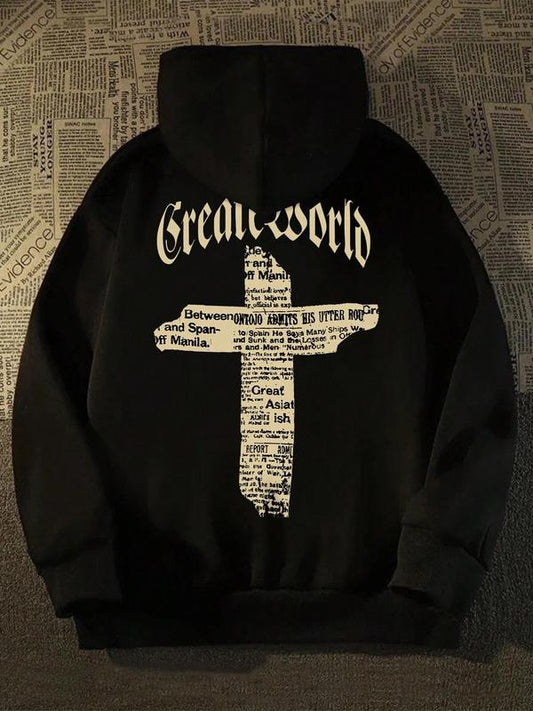 Men's Letter & Cross Print Drop Shoulder Thermal Lined Hoodie, Fashion Casual Regular Fit Drawstring Hooded Sweatshirt for Daily Holiday Outdoor Wear, Men Clothes for Fall & Winter