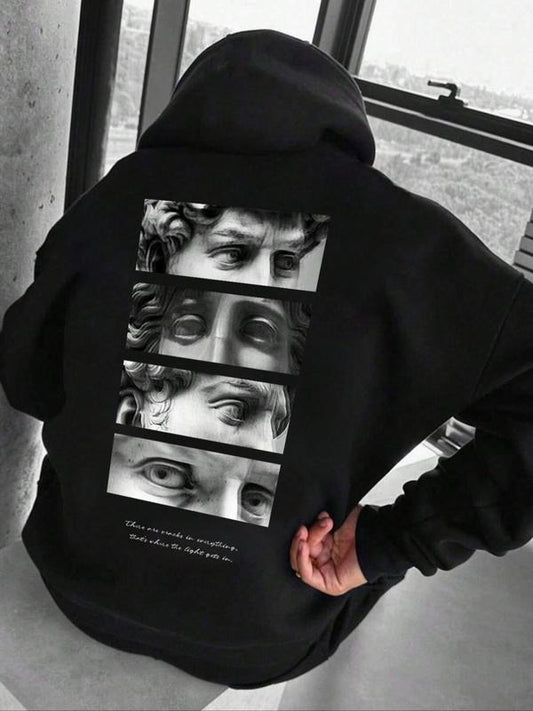 Men's Letter & Eye Print Drop Shoulder Hoodie, Fashion Casual Regular Fit Drawstring Pocket Hooded Sweatshirt for Daily Holiday Outdoor Wear, Men Clothes for Fall & Winter