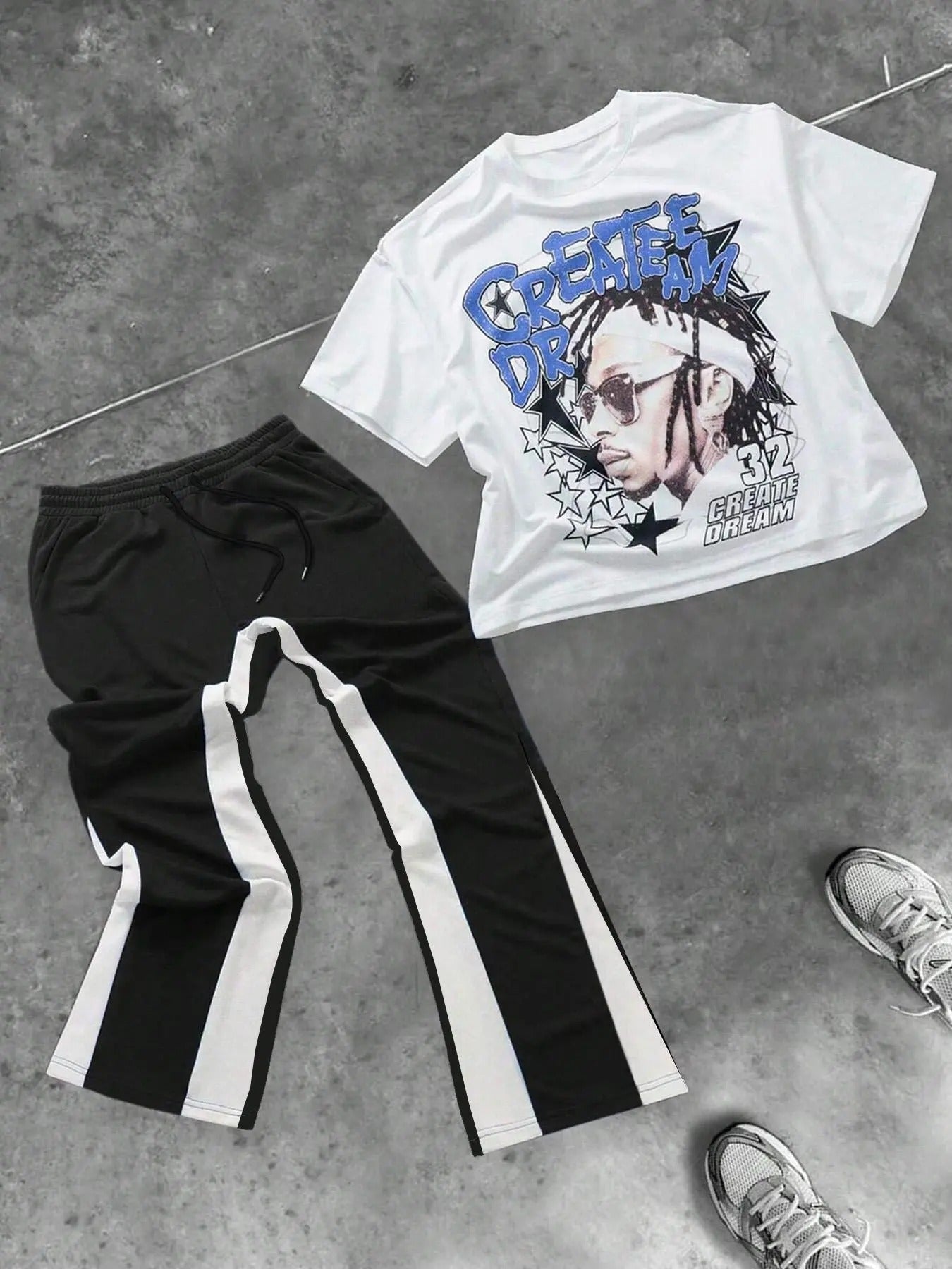 Men's Letter Face Print Tee & Side Stripe Pants Two-piece Set, Regular Fit Round Neck Short Sleeve T-shirt & Pocket Drawstring Waist Trousers, Casual Fashion Cozy Breathable Men Two-piece Outfits for Summer