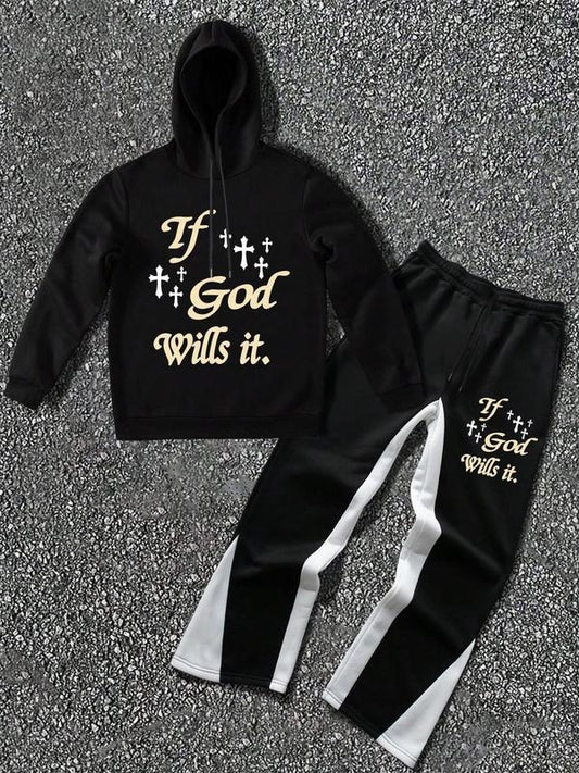Men's Letter Print Hooded Sweatshirt & Colorblock Drawstring Waist Sweatpants Set, Regular Fit Casual Long Sleeve Hooded Pullover & Flare Leg Pants, Men's Fall & Winter Clothes