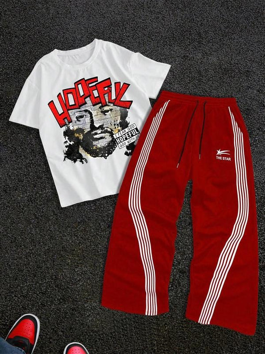 Men's Letter Print Tee & Striped Print Pants Two-piece Sets, Regular Fit Round Neck Short Sleeve T-shirt & Straight Leg Sweatpants, Casual Summer Clothes for Outdoor