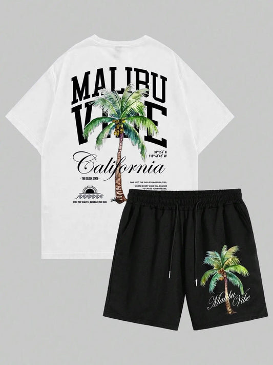 Men's Palm Tree Print Short Sleeve Tee & Shorts Two-piece Set, Regular Fit Round Neck T-shirt & Shorts, Casual Summer Clothes Set for Men