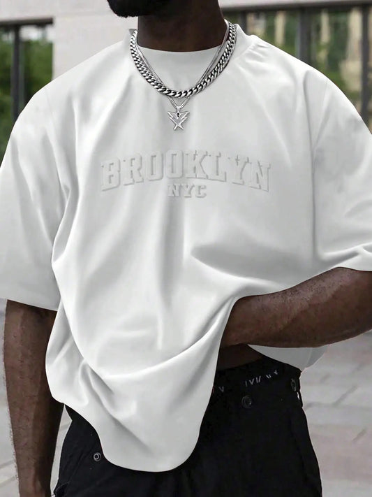 Men's Plain Letter Embossed Drop Shoulder Tee, Regular Fit Casual Short Sleeve Round Neck T-shirt for Summer, Fashion Men's Top for Daily Wear Graphic Tees, Go Out Tops, Streetwear,  Men's T Shirts