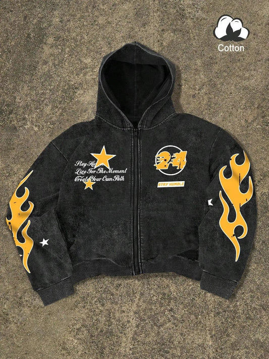 Men's Regular Fit Star & Fire Print Zip Up Hoodie, Casual Comfy Long Sleeve Hooded Outerwear for Spring & Fall, Fashion Men's Clothes for Daily Wear, Sweatshirts, Cotton, Casual Pullover Hoodies