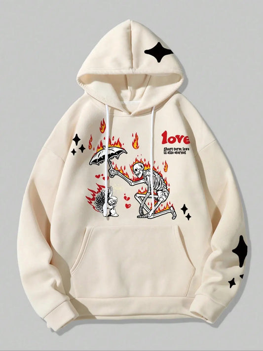 Men's Skull Print Drop Shoulder Hoodie, Fashion Casual Regular Fit Drawstring Pocket Hooded Sweatshirt for Daily Holiday Outdoor Wear, Men Clothes for Spring & Fall