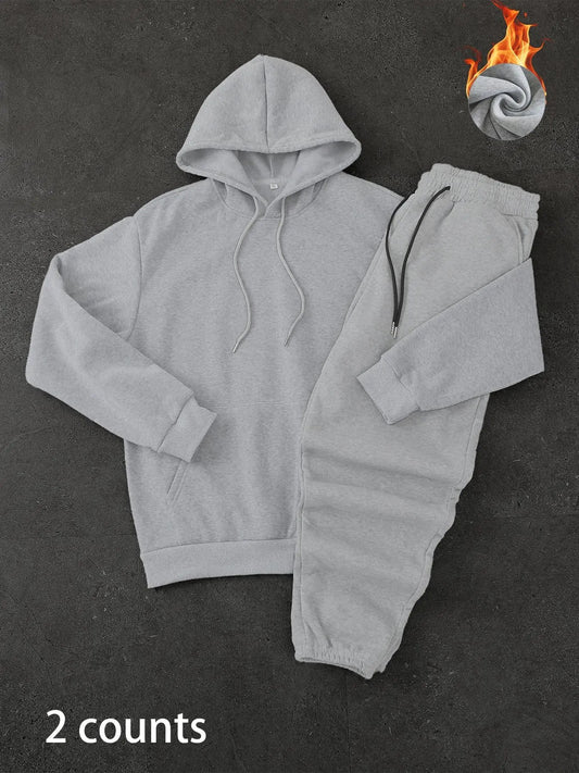 Men's Solid Color Hoodie & Sweatpants Set, Regular Fit Casual Long Sleeve Hooded Sweatshirt & Jogger Pants, Men's Fall & Winter Clothes for Daily Wear