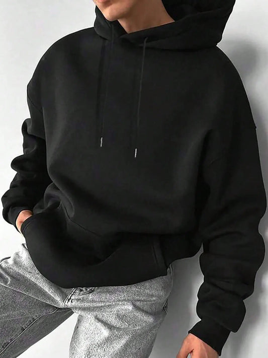 Men's Solid Drop Shoulder Hoodie, Fashion Casual Regular Fit Drawstring Pocket Hooded Sweatshirt for Daily Holiday Outdoor Wear, Men Clothes for Spring & Fall