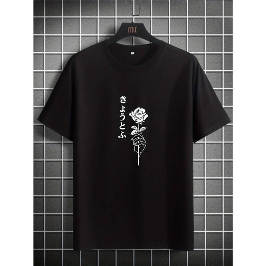 Mens Fashionable Rose Pattern T-Shirt - Casual Street Style, Stretch Round Neck Tee - Lightweight & Breathable for Summer Made in USA
