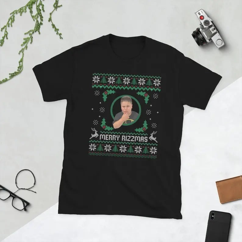 Merry Rizzmas | Ugly Christmas Tee | Funny Christmas Tee | Holiday Tee, For Men, For Women, 100% Cotton, Crew Neck, Slight Stretch, Breathable & Wear-Resistant, All-Season Short Sleeve Tee, Perfect for Outdoor & Daily Fashion