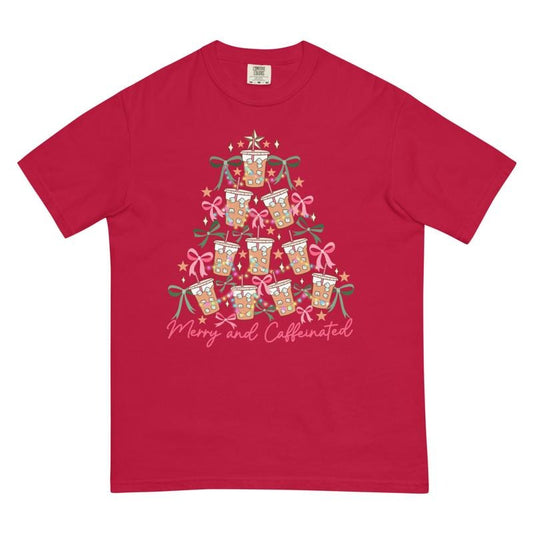 Merry and Caffeinated Christmas Shirt - Comfort Colors Unisex Apparel Relaxed Fit Printed In The USA Clothing Womenswear Casual Comfort Cotton Top Athletic Boho Chic