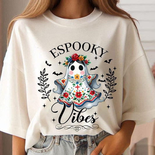 Mexican Halloween Espooky Vibes Mexican Boo Ghost T-shirt T-shirt, Aqui Espantan Concha Conchas Ghost T-shirt, Regalos Es Espanol, Trendy Hispanic Halloween Spooky Latina Season Unisex Cotton T-shirt for Women for Men Womenswear Menswear Top