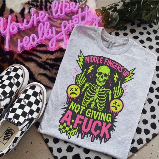 Middle Fingers Up Not Giving A F* Ash Grey T-Shirt - Bleached - Gildan - Unisex