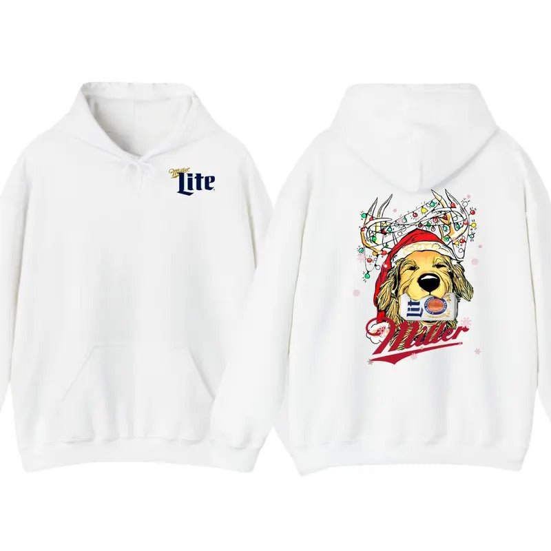 Miller Lite Christmas Golden Dog 2 Sided Hoodie, Miller Lite Christmas Gift Outdoors Funny Beer Sweatshirt, Full Color For Men And Women, Trendy T-Shirt