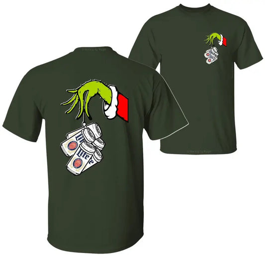Miller Lite Christmas Movie The Grin Hand T-Shirt, Christmas Green Guy Holding Lite Beer Cans 2 Sided Graphic Printed Unisex Classic Cotton T-Shirts