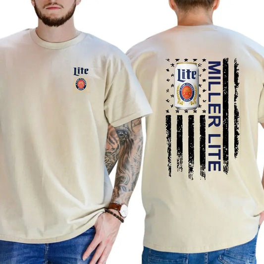 Miller Lite T-Shirt Classic Beer Can and Patriotic Flag Design Unisex Casual T-Shirt Machine Washable - Tshirt, Streetwear Menswear Top