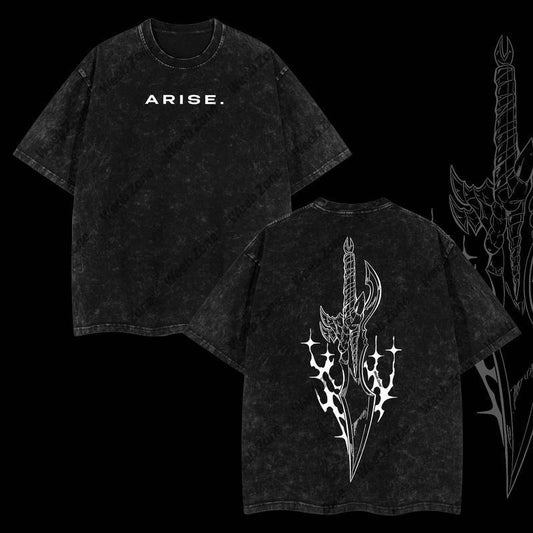 [ Mineral Wash ] "Arise" Sung Jin Woo Solo Leveling Anime Double Printed Oversize Lightweight Washed Graphic Tee, Gift For Anime Fan