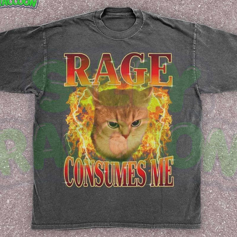 [ Mineral Wash ] Funny Cat Meme Tee, Rage Consumes Me Edgy Shirt For Mens Womens, Angry Cat Graphic, Sarcastic Kitten Tee, Ironic Cursed Cat Humor Tee Washed Gift