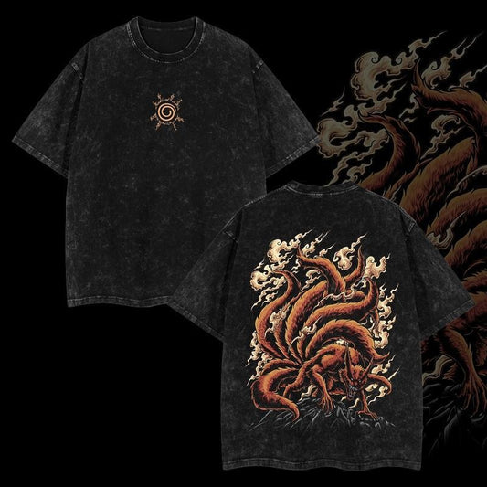 [ Mineral Wash ] Jinchuriki Kurama Nine Tailed Fox Naruto Shippuden Retro Vintage Unisex Oversize Anime Manga Washed Lightweight Cotton TShirt, Gift For Anime Fan