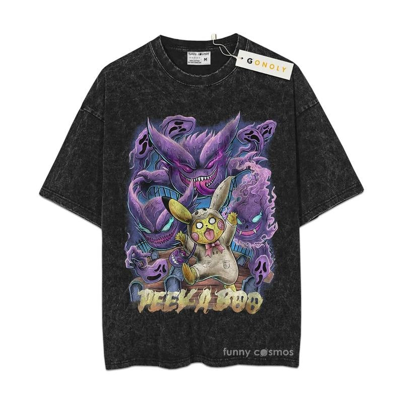 [ Mineral Wash ] Peek A Boo Gengar, Pikachu, PKM Fan Anime Shirt, Graphic Washed Style Shirt