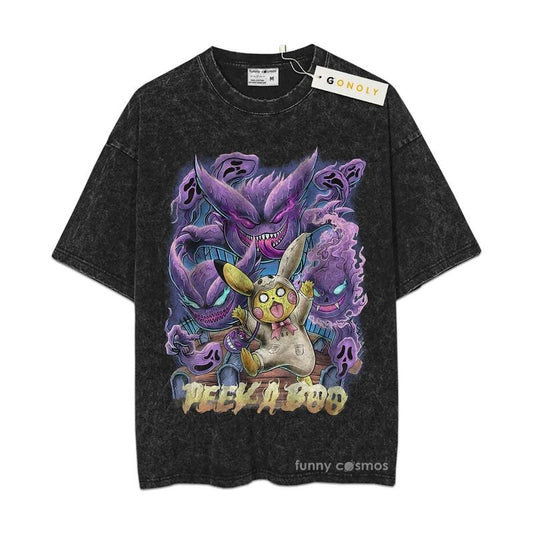 [ Mineral Wash ] Peek A Boo Gengar, Pikachu, PKM Fan Anime Shirt, Graphic Washed Style Shirt