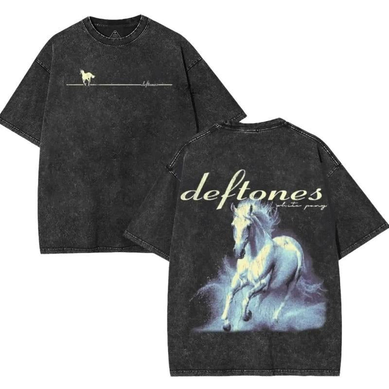 [ Mineral Wash ] Retro Band Pop Rock, Hip Hop White Pony Vintage Style Shirt Washed Cotton TShirt, 90S Grunge Rock Merch, Perfect For Music Fans Top Collar