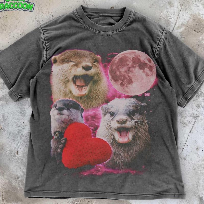[ Mineral Wash ] Retro Otter Shirt , Cute Space Otter TShirt , Moon Phase Animal Lover Washed Gift , Wild Life Shirt , Funny Otter Valentine Tee