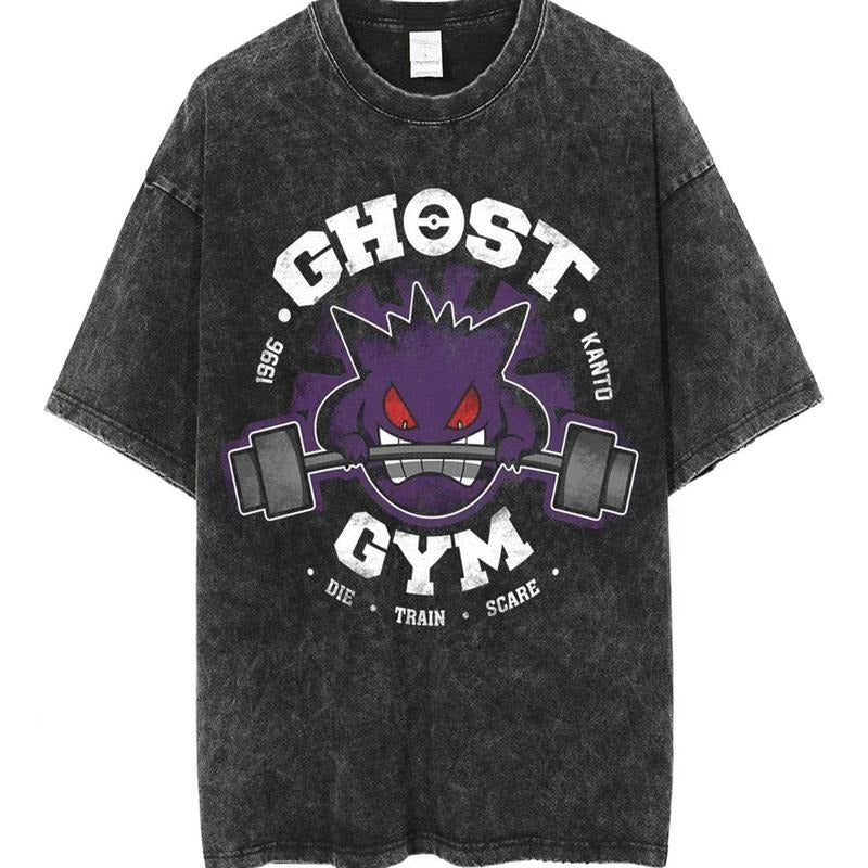 [ Mineral Wash ] Retro PKM Gym Leader Tee Ghost Anime PKM Fan Lovers Streetwear & Washed Gym Style Shirt