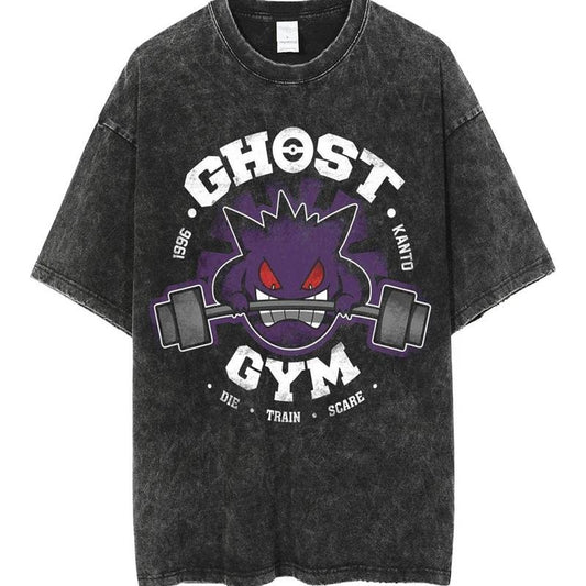 [ Mineral Wash ] Retro PKM Gym Leader Tee Ghost Anime PKM Fan Lovers Streetwear & Washed Gym Style Shirt