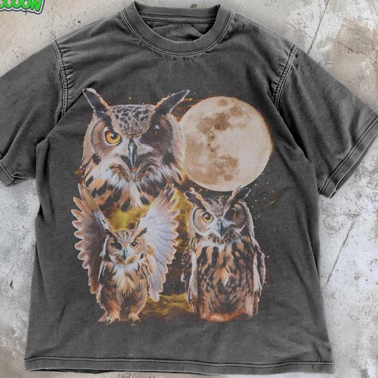 [ Mineral Wash ] Three Owls Retro TShirt , Celestial Wildlife Shirt , Graphic Moon Phase , Vintage Owl Lover Washed Gift , Nocturnal Bird Distressed Tee