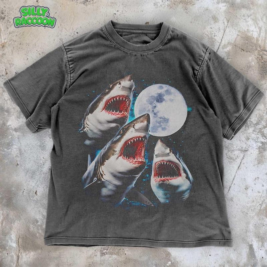 [ Mineral Wash ] Three Sharks Moon TShirt , 90S Vintage Ocean Graphic Tee , Moonlit Night Sea Life Shirt , Retro Y2K Shirt , Shark Lover Washed Gift