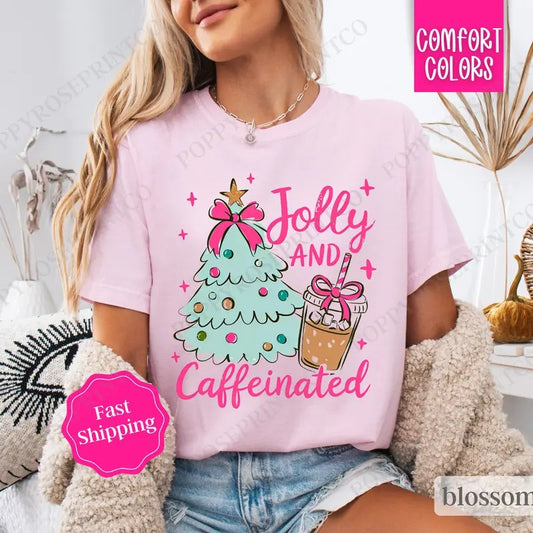 Mint Jolly and Caffeinated Shirt, Preppy Christmas Tee,  Womens Holiday Tshirt