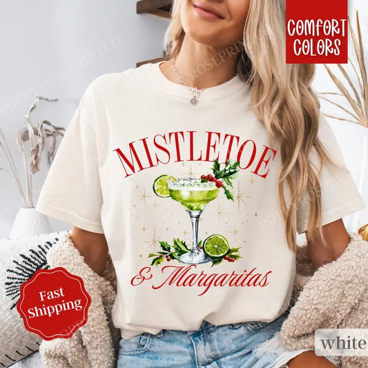 Mistletoe and Margaritas Shirt Comfort Colors Christmas Shirt,  Women's Holiday Tee