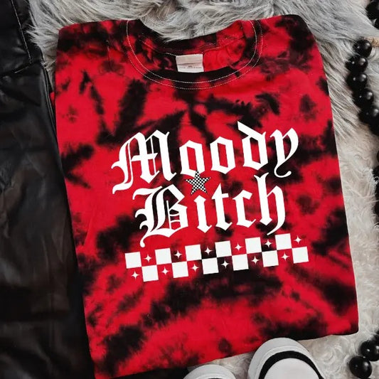'Moody Bitch' Red & Black Tie Dye Crewneck Sweatshirt, T Shirt, or Hoodie Pullover | Punk Rocker, Alt, Grunge, Goth, Streetwear Style, Sarcastic Casual Cotton