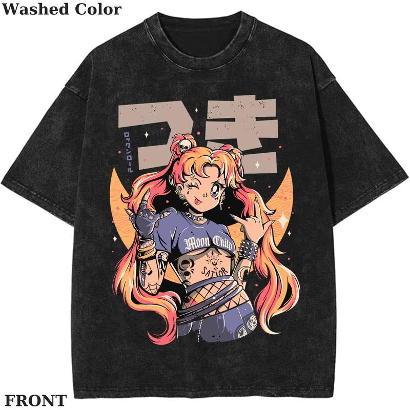 Moon Child-mens Vintage Graphic Tee, Anime Sailor Moon Shirt, vintage clothing, Womenswear Cotton Top Streetwear Shortsleeve Gamis