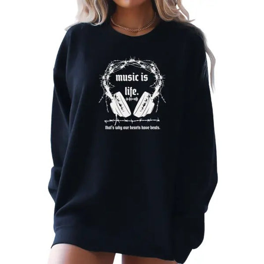 Music Is Life' Black Crewneck Sweatshirt, T Shirt, or Hoodie Pullover | Punk, Alt, Grunge, Goth, Skeleton Style, Valentine's Day Gift