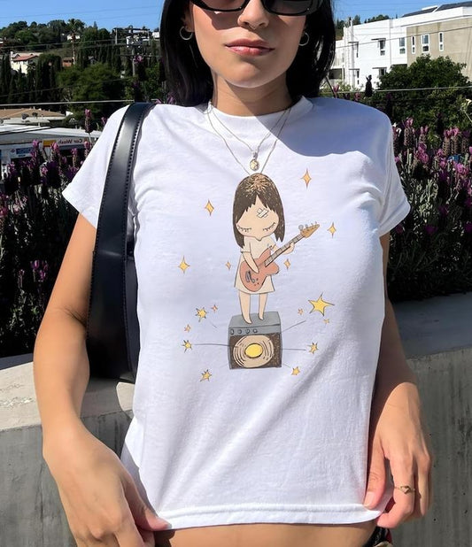 Nara Guitar Girl Music Band T-shirt Baby Tee Crop Top Japanese Graphic Tee Y2K Clothing Nara Yoshitomo Shirt Kawaii Casual Top