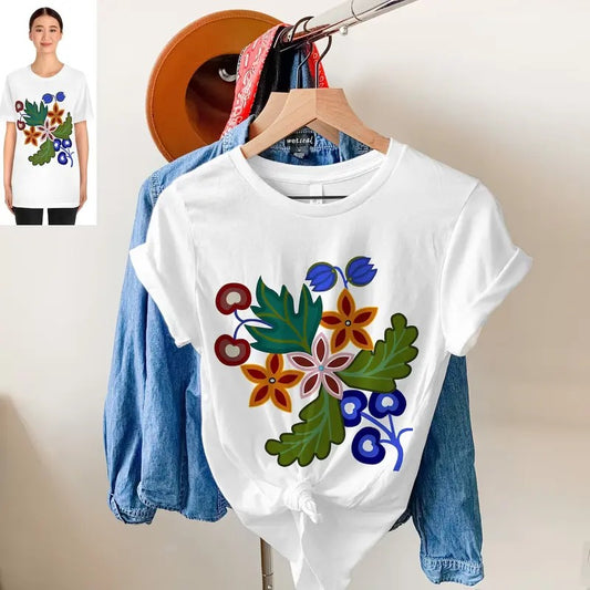 Native American Style Floral T-Shirt, Native American inspired Sweatshirt, Inspired 1800s Ojibwe Bandolier Bags by Unisex Jersey Short Sleeve Tee