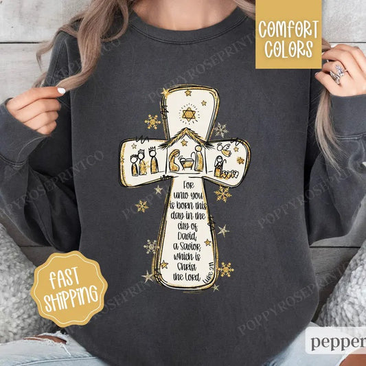 Nativity Christmas Sweatshirt Comfort Colors,  Religious Christmas Sweater Womenswear,  Holiday Crewneck