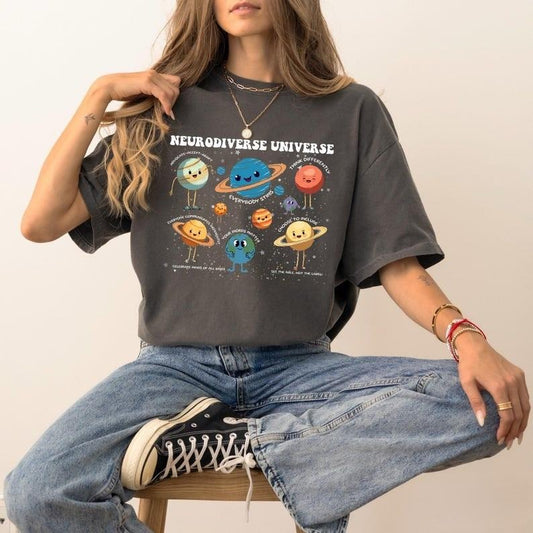 Neurodiversity Shirt, Neurodiverse Universe Tshirt, Cute Planets in Space Autism Awareness T-Shirt, Oversized Trendy Tee