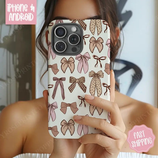 Neutral Bows Phone Case, Coquette Phone Case Mag Safe Compatible, Magnetic Tough Cases