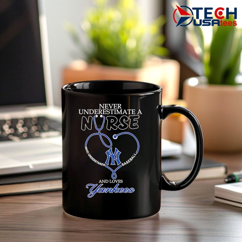 Never underestimate a nurse who understands baseball and loves New York Yankees stethoscope heart shirt