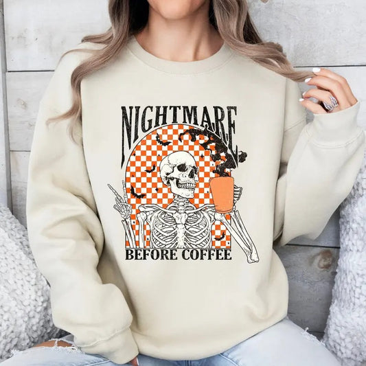 Nightmare Before Coffee Halloween Sweatshirt, Halloween Skeleton Sweatshirt, Skeleton Halloween Shirt, Skeleton Drink Coffee Shirt, Coffee Lover Shirt, Spooky Season, Fall Crewneck