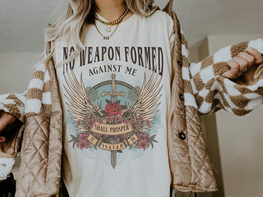 No Weapon Formed Against Me T-Shirt, Boho Christian Sweatshirt, Bible Verse Shirt, Gift for Her, Christian Clothing, TShirts Trendy, Christians T Shirts, Godly Gifts, Religious Apparel, Womenswear Tee