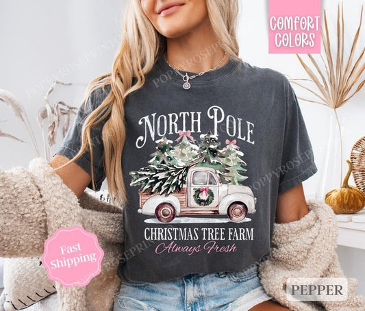 North Pole Christmas Tree Farm Shirt Comfort Colors Holiday Tshirt, North Pole Tee Women's Holiday Shirts