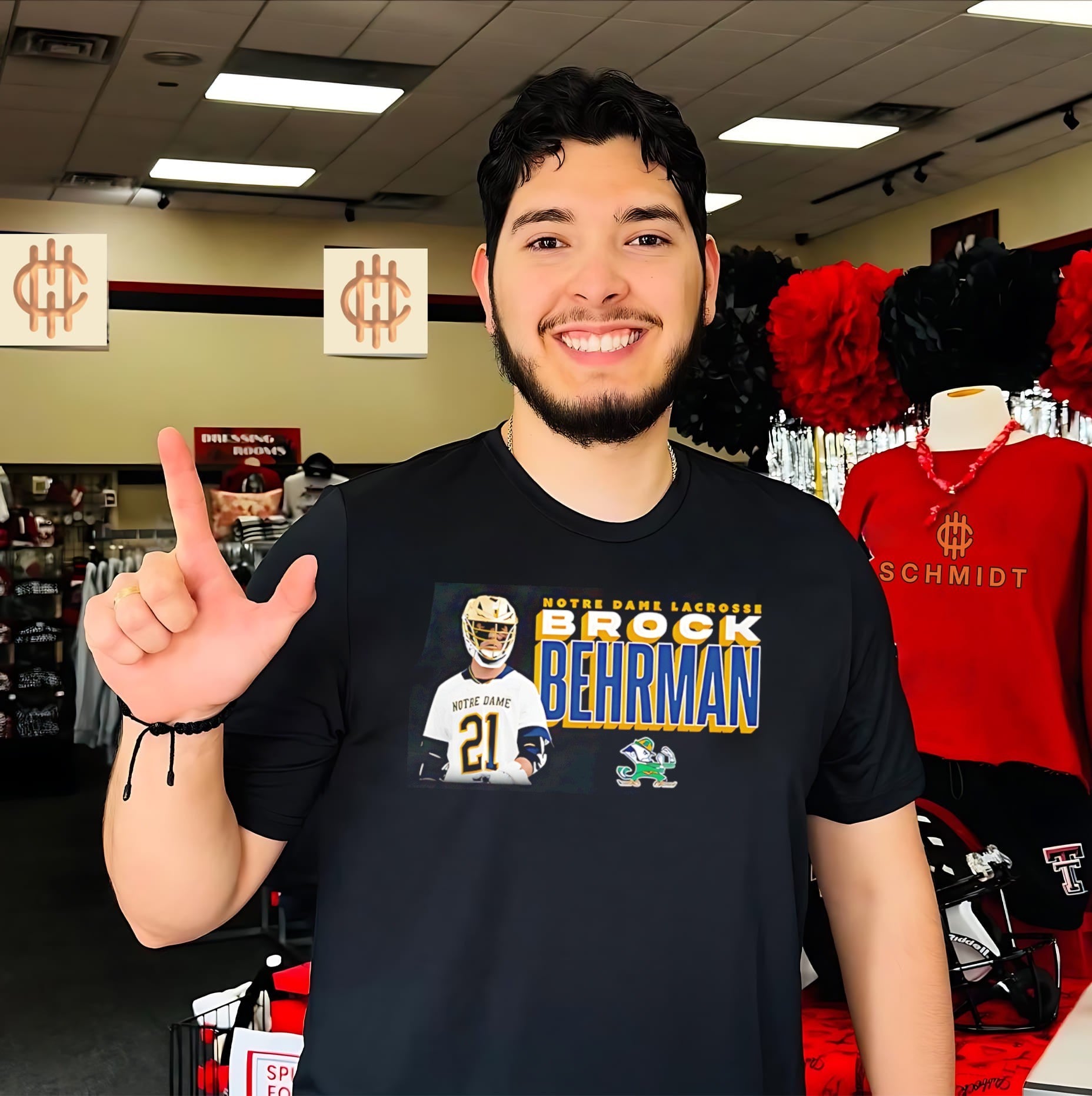 Notre Dame Lacrosse Brock Behrman number 21 illustration shirt